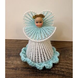 Vtg Handmade Needle Point Plastic Canvas Doll Caroler Angel Figure Teal Aqua